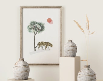 Vintage Leopard Art Print, Mid century Modern Art, Jungle Theme Tiger Art, Contemporary Tiger Wall Art, Digital Download Leopard, Palm Tree