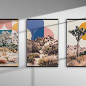 Set of 3 Retro Poster Collection, Vintage Retro Palm tree, Abstract Cactus Print, Desert Landscape Art, 70&#39;s style Art,70&#39;s glam Home Decor