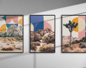 Set of 3 Retro Poster Collection, Vintage Retro Palm tree, Abstract Cactus Print, Desert Landscape Art, 70's style Art,70's glam Home Decor