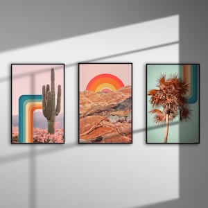 3er Set Retro Poster Sammlung, Vintage Retro Palme, Regenbogen Kaktus Druck, Berg Landschaft Kunst, 70er Jahre Stil Kunst, 70er Jahre Glam Home Decor