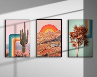 Set of 3 Retro Poster Collection, Vintage Retro Palm tree, Rainbow Cactus Print, Mountain Landscape Art, 70's style Art,70's glam Home Decor