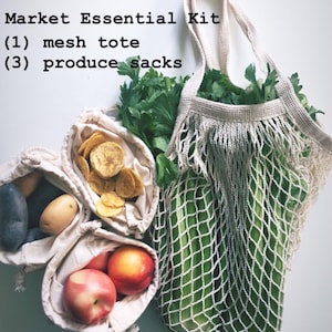 Reusable Market Essential Kit | Mesh Bag and set of 3 Produce Sacks | Plastic Free Cotton Grocery Bags
