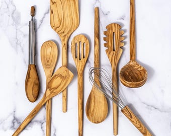 Olive Wood Cooking Utensil Set – Wooden Kitchen Utensils, 9 Piece & 6 Piece Sets, Wood Spoon Set, Natural Wood Cooking Tools, Kitchen Gift