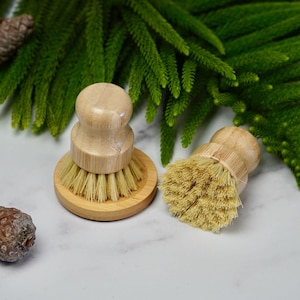 Könnte beinhalten: Zwei Holz-Spülbürsten mit Naturborsten. Die Bürsten haben einen runden Boden und einen Holzgriff. Die Bürsten befinden sich auf einer weißen Marmorfläche.