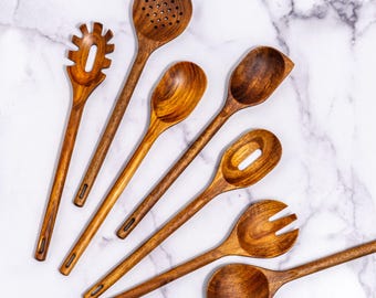 Acacia Wood Cooking Utensil Set – Wooden Kitchen Utensils, 7 Piece Wood Spoon Set, Natural Wood Cooking Tools, Plastic Free Kitchen Utensils