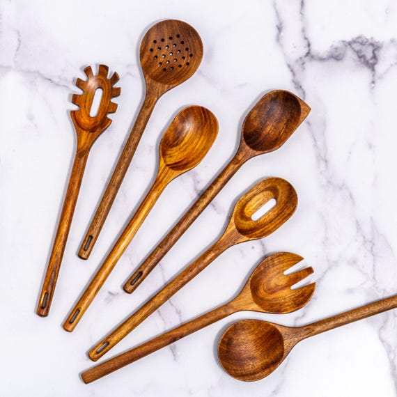 Acacia Wood Cooking Utensil Set – Wooden Kitchen Utensils, 7 Piece Wood Spoon Set, Natural Wood Cooking Tools, Plastic Free Kitchen Utensils