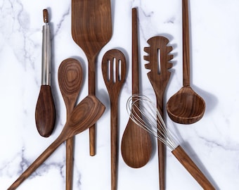 Walnut Wood Cooking Utensil Set – Wooden Kitchen Utensils, 9 & 6 Piece Sets, Wood Spoon Set, Natural Cooking Tools, Kitchen Gift