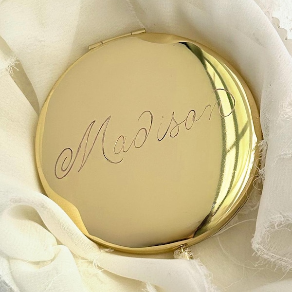 Estuche compacto con espejo y caligrafía dorada grabada a medida / Estuche compacto con espejo / Estuche compacto personalizado / Estuche compacto personalizado grabado a mano Regalo