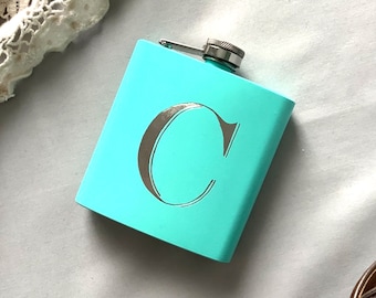 Initial Flask Engraved Multiple Colors Metal Powder Coated Personalized - Gift for Him, Best Man, Best Friend, Groomsmen, Bridal Party
