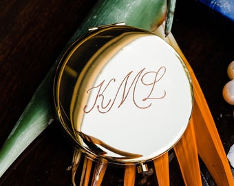 Calligraphy Monogram Engraved Compact Mirror Gold Rose Gold Black - Christmas Gift Mom Best Friend Bridesmaids, Bachelorette Personalized