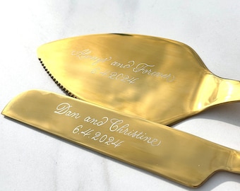 May include: Gold cake server and knife set with engraved text "Always and Forever 6.4.2024" and "Dan and Christine 6.4.2024".