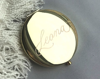 Calligraphy Engraved Compact Mirror Gold - Gift for Mom, Sister, Best Friend, Bridesmaids, Bachelorette, Personalized, Mother's Day Gift