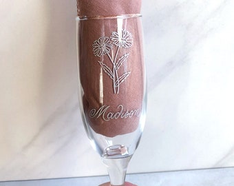 Personalized Birth Flower Champagne Glass Engraved Flute Glass Housewarming Gift New Home Custom Champagne Glass Christmas Gift Girlfriend