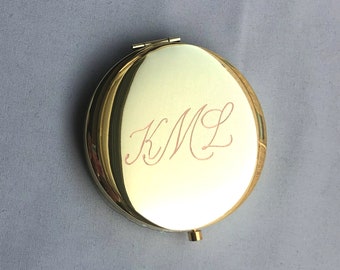 Calligraphy Monogram Engraved Compact Mirror Gold Rose Gold Black Christmas Gift Mom Best Friend Bridesmaids, Bachelorette Personalized Gift