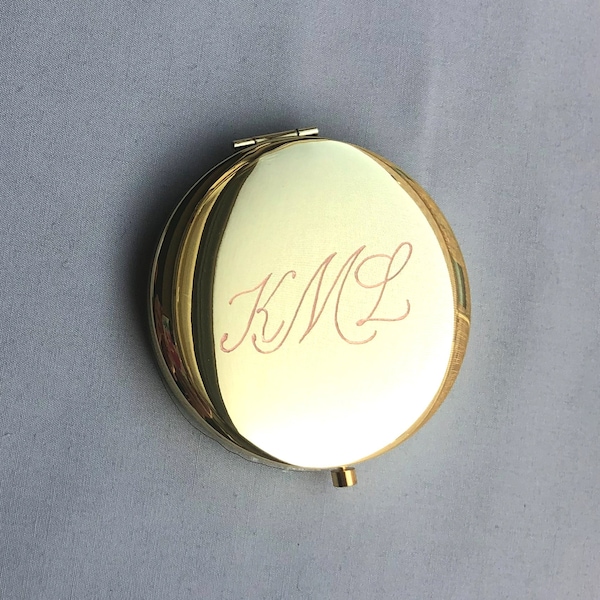 Calligraphy Monogram Engraved Compact Mirror Gold Rose Gold Black Christmas Gift Mom Best Friend Bridesmaids, Bachelorette Personalized Gift