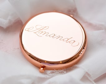 Calligraphy Engraved Compact Mirror Gold Rose Gold B - Gift for Mom, Best Friend, Bridesmaids, Bachelorette, Personalized, Mother's Day Gift