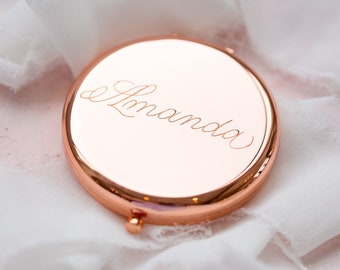 Miroir compact gravé calligraphie or rose or B - Cadeau pour maman, meilleure amie, demoiselles d'honneur, EVJF, personnalisé, cadeau de fête des mères