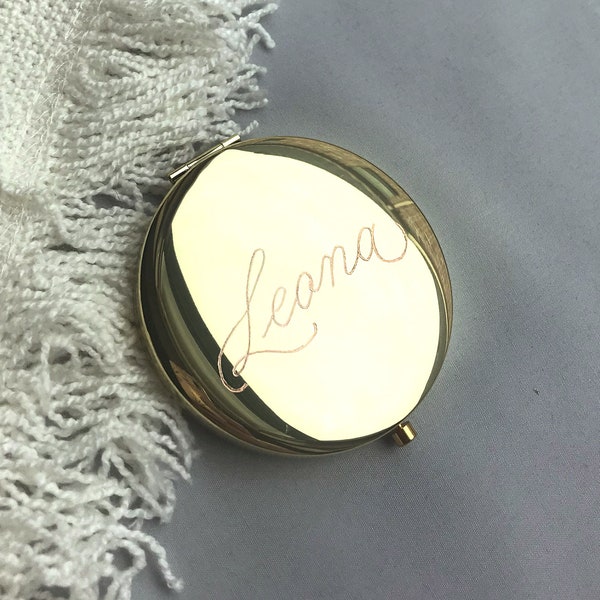 Custom Engraved Gold Calligraphy Mirrored Compact | Compact with Mirror | Custom Compact | Personalized Compact | I Do Crew Gift