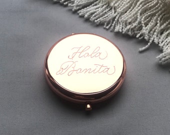 Hola Bonita Calligraphy Engraved Compact Mirror Gold Rose Gold B - Gift for Mom, Best Friend, Bridesmaids, Bachelorette, Mother's Day Gift