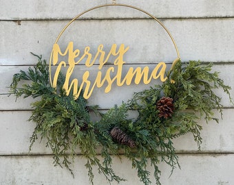 Merry Christmas Cedar and Pinecone Wreath for Door, Modern Holiday Gold Macramé Hoop Wall Hanging, Seasons Greetings Decor