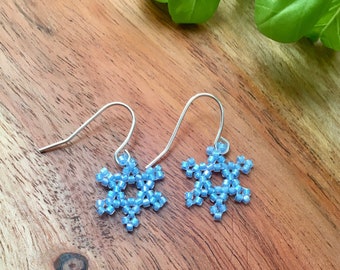 Snowflake Earrings | Beaded Winter Earrings | Gifts for Her | Blue Dangle Earrings