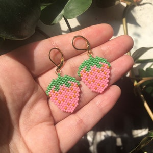 Beaded Pink Strawberry Earrings | Handmade Unique Fruit Earrings with Gold Leverback