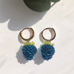 Beaded Blue Raspberry Earrings with Gold or Silver Huggie | 3D Handmade Glass Beads Berry Fruit Earrings