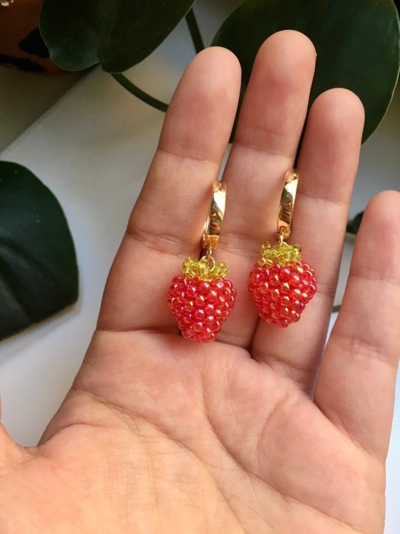 Beaded Golden Raspberry Beaded Raspberry Earrings With Gold or Silver Huggie | 3D Handmade ...