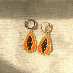 Beaded Papaya Fruit Earrings | Handmade Earrings with Gold Plated Huggie or Hook and Glass Beads | Funky Unique Food Jewelry