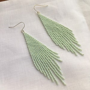 Beaded Fringe Earrings in Iridescent Mint Green Hand Beaded Dangle Earrings image 3