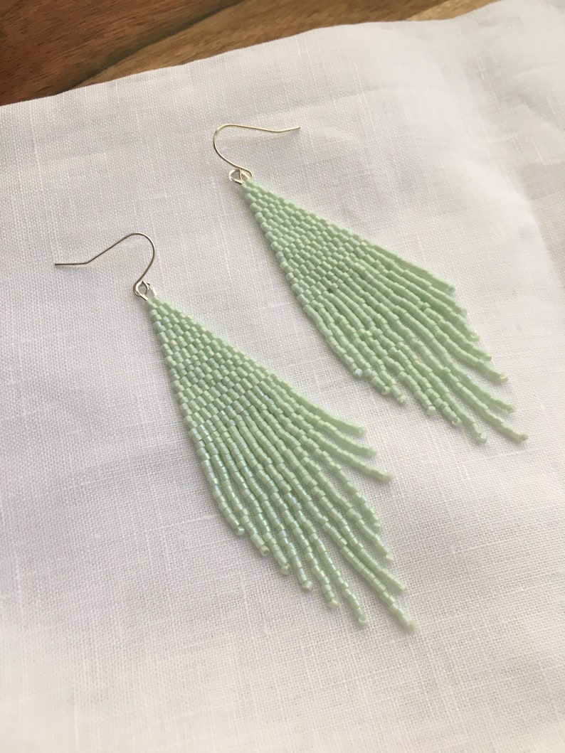 Beaded Fringe Earrings in Iridescent Mint Green Hand Beaded Dangle Earrings image 3