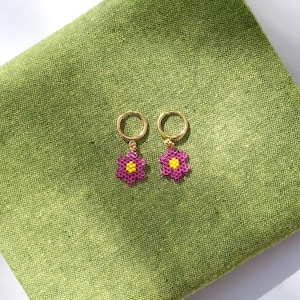 Beaded Flower Dangle Earrings- Fuchsia and Yellow on a Gold Huggie Hoop, Hook, or Studs | Dainty Floral Handmade Jewelry