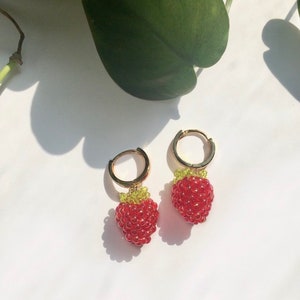 Beaded Raspberry Earrings with Gold or Silver Huggie | 3D Handmade Glass Beads Fruit Earrings