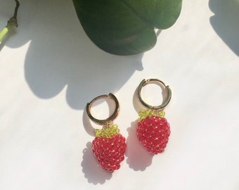 Beaded Raspberry Earrings with Gold or Silver Huggie | 3D Handmade Glass Beads Fruit Earrings