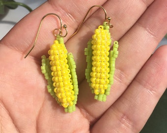 3D Beaded Corn Earrings | Funky Novelty Hand Beaded Earrings | Food Jewelry | Fall Earrings Cottagecore