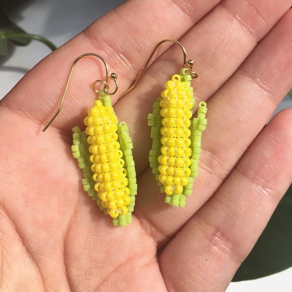 3D Beaded Corn Earrings | Funky Novelty Hand Beaded Earrings | Food Jewelry | Fall Earrings Cottagecore