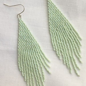 Beaded Fringe Earrings in Iridescent Mint Green Hand Beaded Dangle Earrings image 1