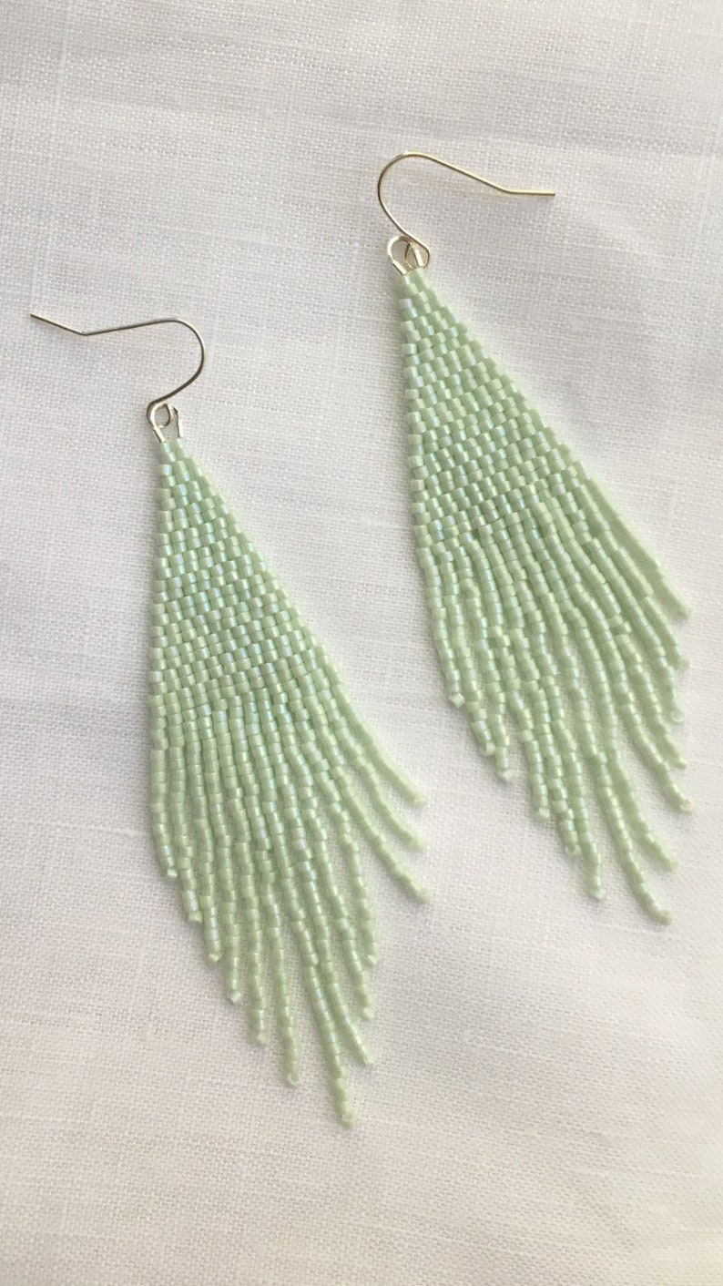 Beaded Fringe Earrings in Iridescent Mint Green Hand Beaded Dangle Earrings image 1