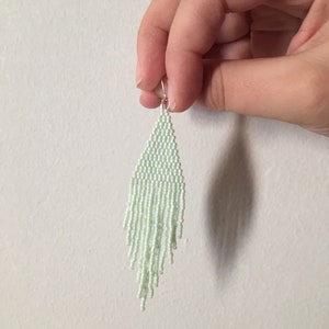 Beaded Fringe Earrings in Iridescent Mint Green Hand Beaded Dangle Earrings image 4