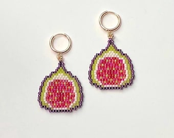 Beaded Fig Fruit Earrings | Handmade Fall Earrings with Light Gold Plated Huggie and Glass Beads