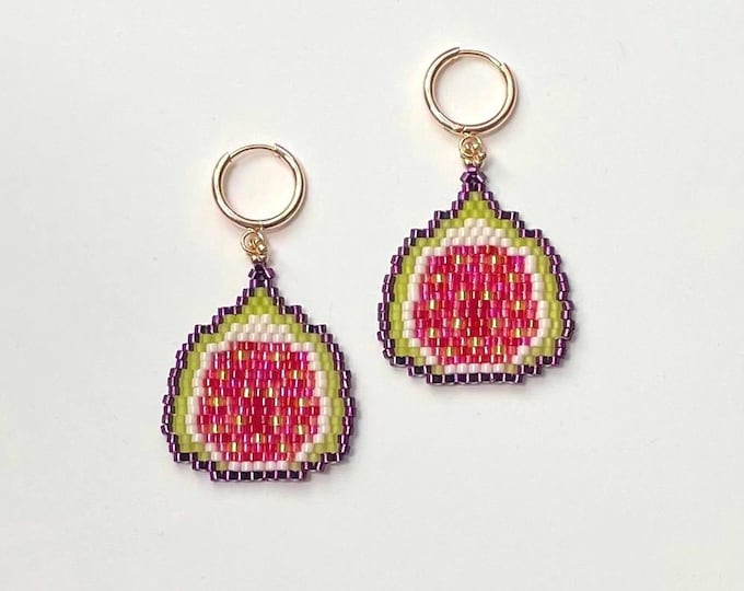 Beaded Fig Fruit Earrings | Handmade Fall Earrings with Light Gold Plated Huggie and Glass Beads