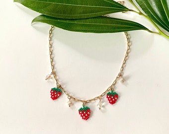 Charm Necklace with Handmade Beaded Strawberry Charms, Freshwater Pearls, & Glass Beads on a Dainty Gold Filled Paperclip Chain