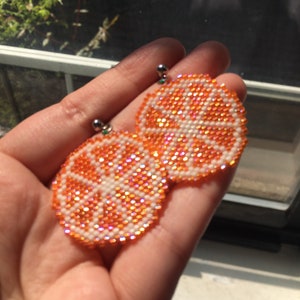 Orange Slice Fruit Earrings | Hand Beaded and Hypoallergenic Dangle Earrings | Funky Statement Jewelry | Queer Owned