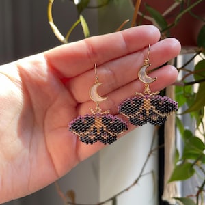 Beaded Dark Moth Earrings with Moon | Hand Beaded Dangle Sparkly Whimsigoth & Witchy Moth Earrings for Halloween with Gold Plated Hooks