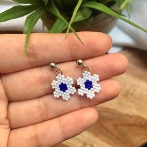 Beaded Flower Dangle Earrings in Light Blue and Royal Blue | Hand Beaded Earrings | Handmade Holiday Gift | Silver Studs, Gold Huggies/Hooks