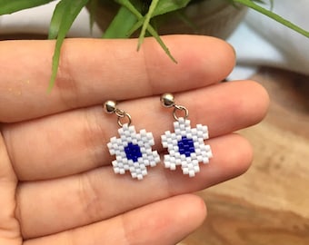 Beaded Flower Dangle Earrings in Light Blue and Royal Blue | Hand Beaded Earrings | Handmade Holiday Gift for Her Jewelry | Queer Owned