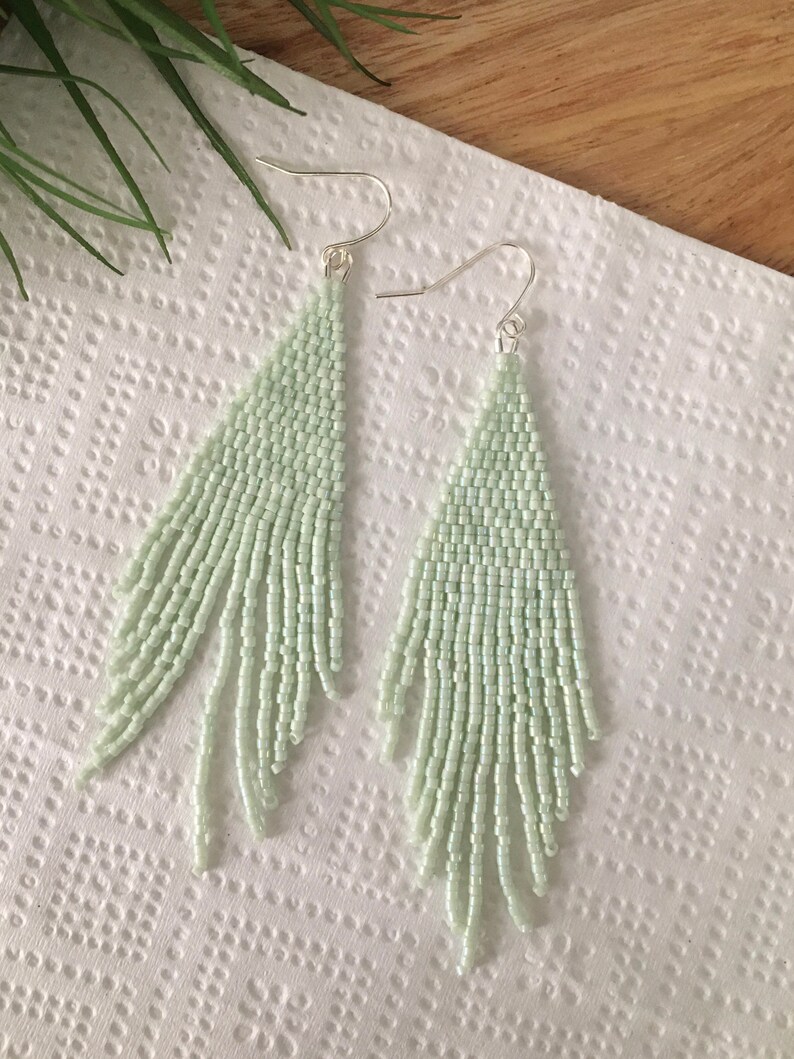 Beaded Fringe Earrings in Iridescent Mint Green Hand Beaded Dangle Earrings image 2