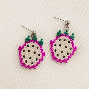 Beaded Dragonfruit Fruit Earrings on a Stud, Hoop, or Hook | Unique Novelty Dangle Earrings | Handmade Quirky Food Jewelry