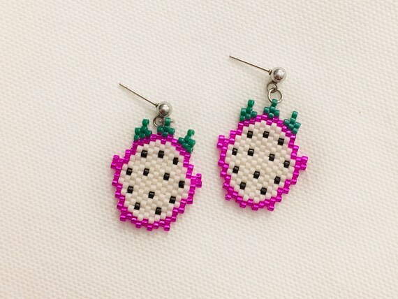 Beaded Dragonfruit Fruit Earrings on a Stud, Hoop, or Hook | Unique Novelty Dangle Earrings | Handmade Quirky Food Jewelry