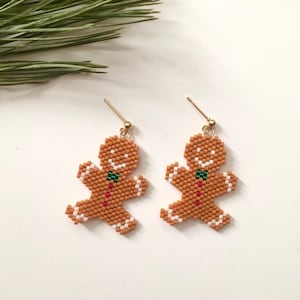 Gingerbread Man Earrings | Beaded Christmas and Holiday Themed Dangle Earrings with Gold Stud, Huggie Hoop, or Hook